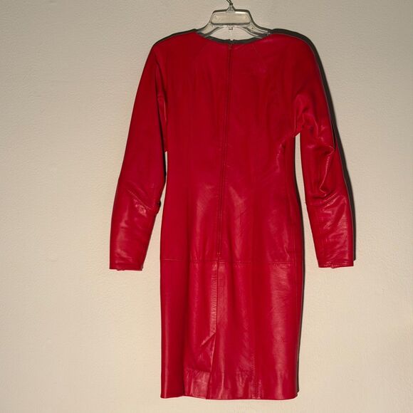 Vintage 80s 90s Red Leather Pencil Dress Mod Wife Rock Grunge Holiday Party XS - Picture 3 of 16